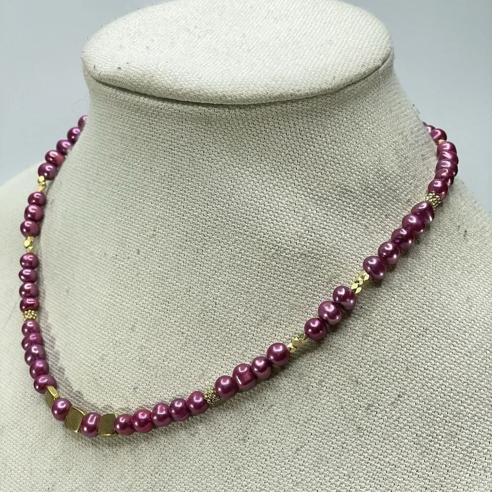 Pink Freshwater Pearl Beaded Gold Tone Necklace Boho Hook Closure Statement